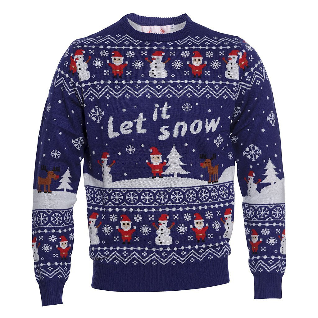 Un maglione natalizio blu con la scritta